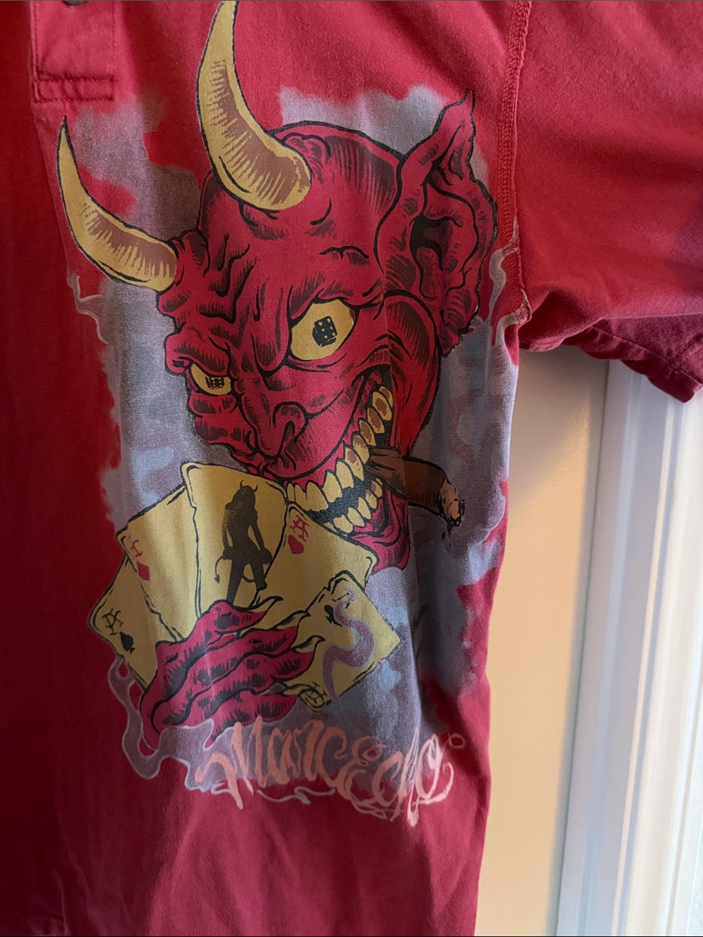 Marc Ecko- Men's Red Graphic Polo Shirt with Demon Card Art -LG - Picture 4 of 6
